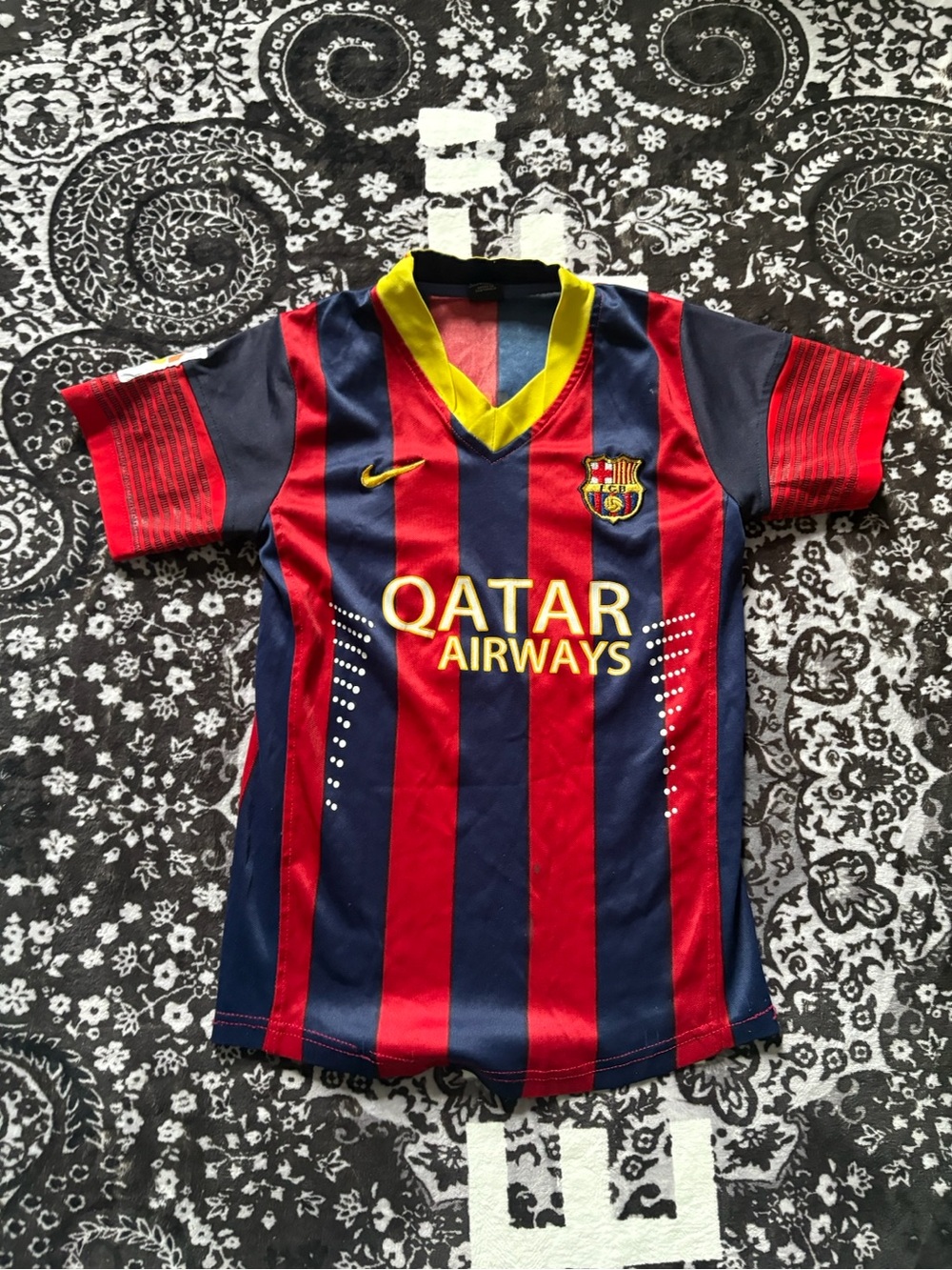 FC Barcelona Kids' Red & Navy Stripe Soccer Jersey - Qatar Airways Kids Size XS